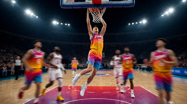 NBA 常规赛夜间比赛，球员在篮下强攻